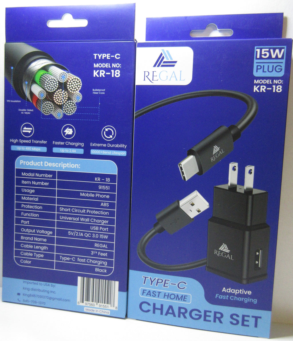 18 pack - REGAL fast home chargers with USB type C cable